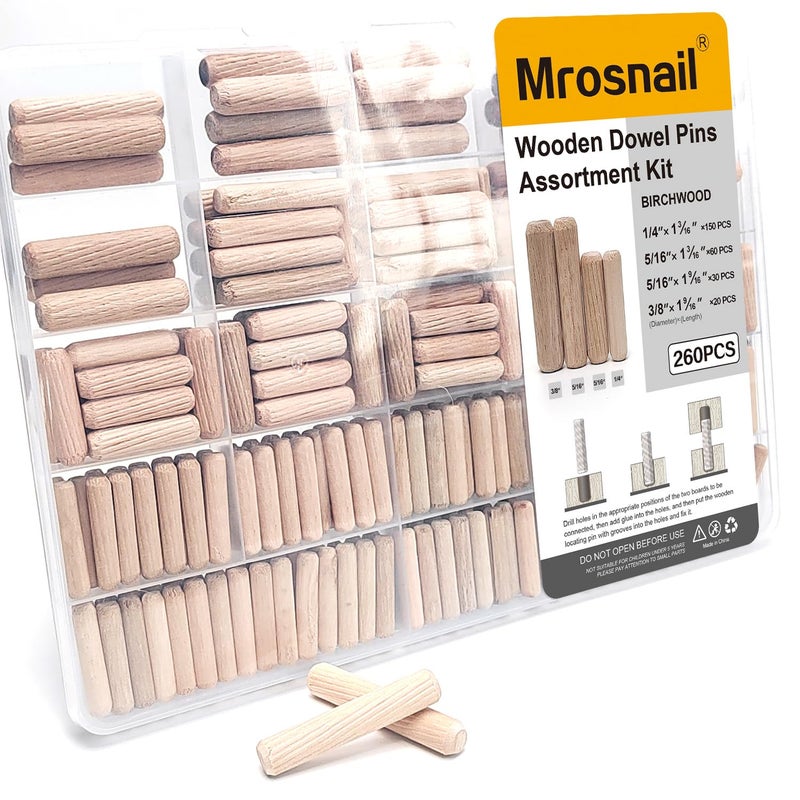Mrosnail 260 Pcs Wooden Dowel Pins in 4 Sizes, 1/4, 5/16, 3/8 inch Fluted Wood Dowels Hardwood Pegs for Table Legs, Wooden Frames, Bookshelves - Image 1